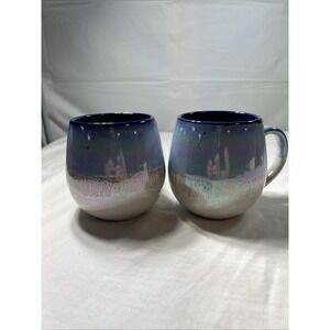 Set of 2 Meritage Blue Luster Reactive Glaze Stoneware Iridescent Mugs Large